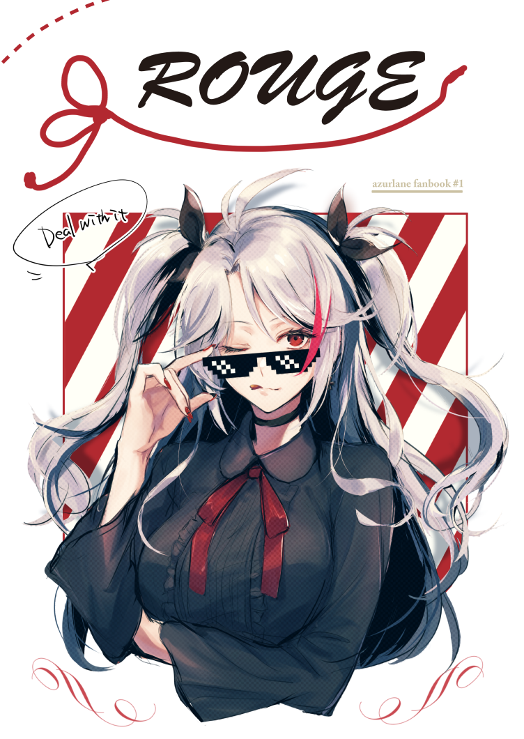 1girl :q alternate_costume antenna_hair arm_under_breasts azur_lane bangs black_blouse black_ribbon blouse blush breasts choker closed_mouth collared_blouse cover cropped_torso deal_with_it eyebrows_visible_through_hair hair_between_eyes hair_ribbon hand_on_eyewear iron_cross large_breasts long_hair long_sleeves looking_at_viewer multicolored_hair nail_polish neck_ribbon one_eye_closed prinz_eugen_(azur_lane) red_nails red_neckwear redhead ribbon sidelocks silver_hair smile solo streaked_hair sunglasses tongue tongue_out two_side_up very_long_hair wide_sleeves yoshiko_(445em)