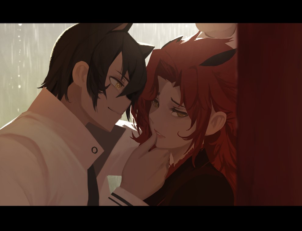 1boy 1girl adam_taurus animal_ears black_hair blake_belladonna cat_ears dishwasher1910 genderswap genderswap_(ftm) genderswap_(mtf) hand_on_another's_face horns jacket lips rain redhead role_reversal rwby smirk wall wall_slam yellow_eyes