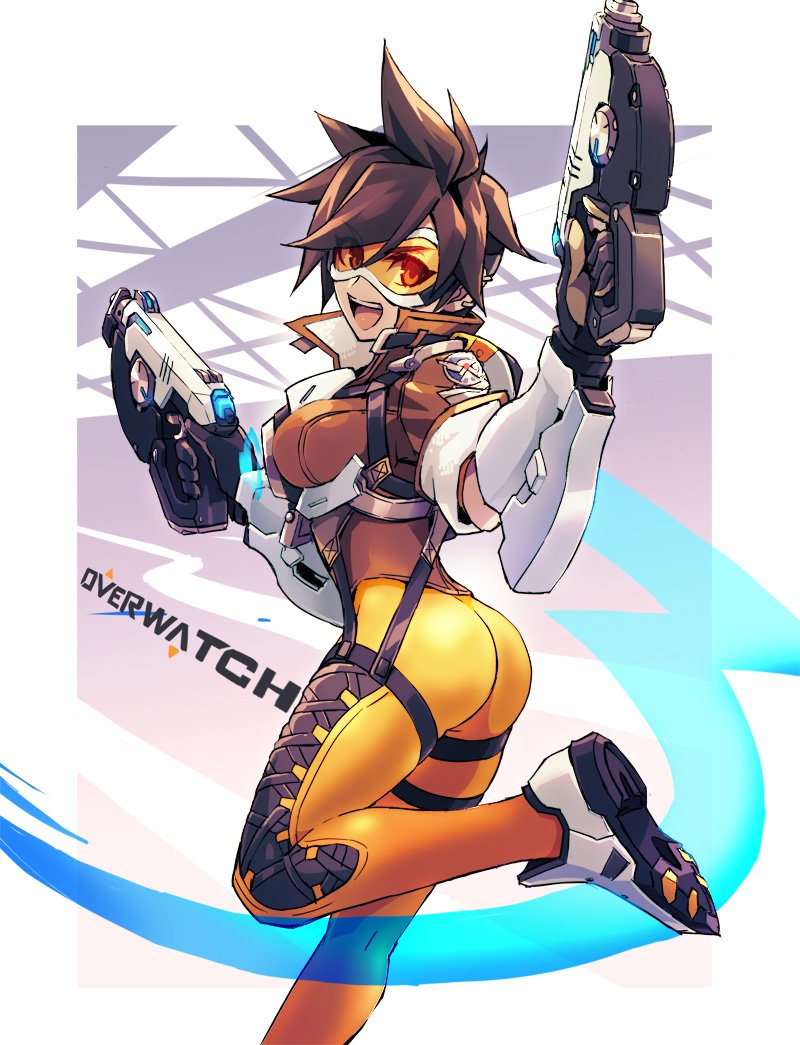 1girl :d ass bodysuit bomber_jacket brown_hair brown_jacket chingisu copyright_name dual_wielding earrings eyebrows_visible_through_hair eyes_visible_through_hair gloves goggles gun harness holding holding_gun holding_weapon jacket jewelry leather leather_jacket leg_up open_mouth orange_bodysuit overwatch short_hair smile solo spiky_hair teeth tracer_(overwatch) weapon