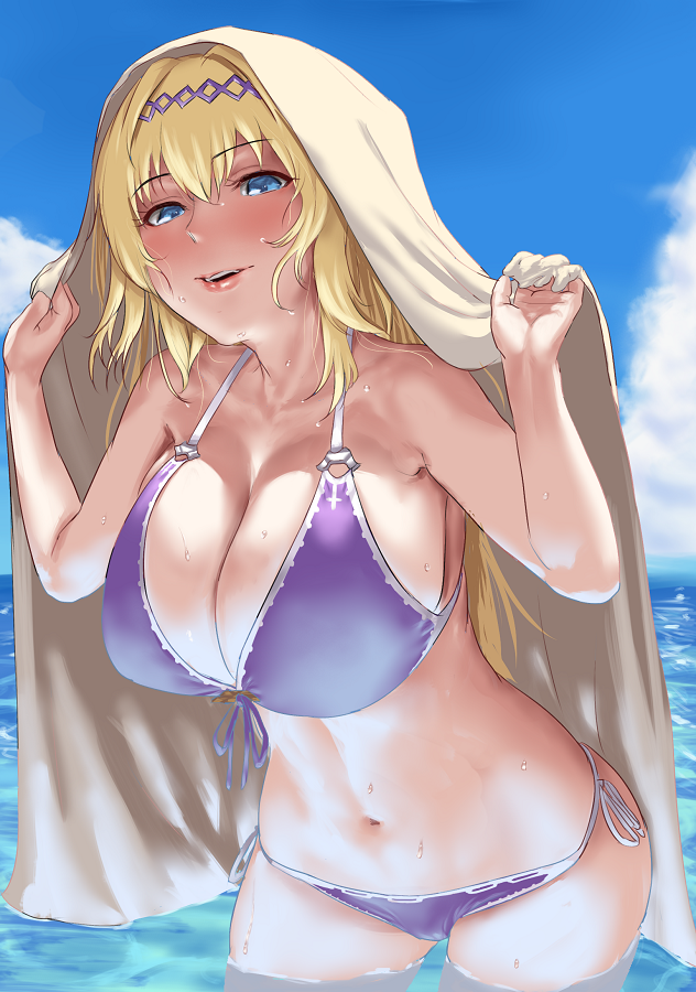 1girl bare_shoulders bikini blonde_hair blue_eyes blue_sky blush breasts clouds collarbone commentary_request day front-tie_bikini front-tie_top granblue_fantasy hairband jeanne_d'arc_(granblue_fantasy) large_breasts leaning_forward lips midriff navel ocean open_mouth side-tie_bikini sky solo swimsuit thighs tomiokasena tower wading