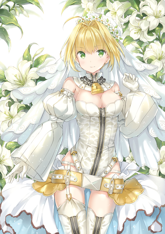 1girl ahoge bangs belt blonde_hair breasts bridal_veil chains cleavage cowboy_shot detached_collar detached_sleeves eyebrows_visible_through_hair fate/extra fate/extra_ccc fate_(series) floral_background flower garter_straps gloves gluteal_fold green_eyes hair_intakes leotard lily_(flower) lock looking_at_viewer medium_breasts nero_claudius_(bride)_(fate) nero_claudius_(fate)_(all) short_hair smile solo standing thigh-highs veil wataame27 white_gloves white_legwear white_leotard wreath zipper zipper_pull_tab