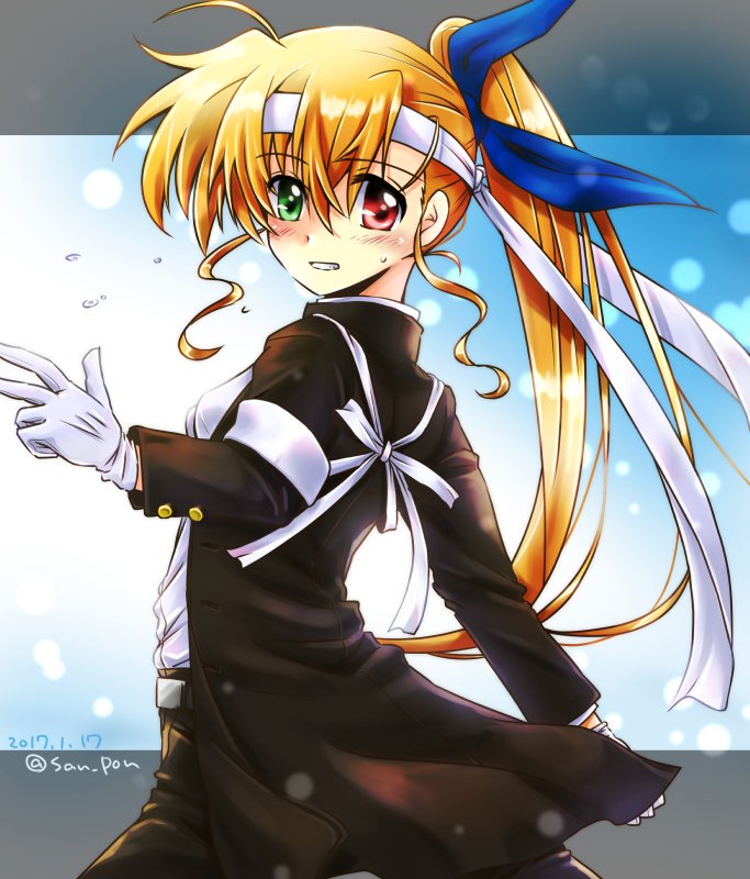 1girl bangs black_jacket blue_ribbon commentary_request cowboy_shot dated eyebrows_visible_through_hair flying_sweatdrops from_side gakuran gloves green_eyes grin hair_ribbon heterochromia jacket letterboxed long_hair long_sleeves looking_at_viewer lyrical_nanoha mahou_shoujo_lyrical_nanoha_vivid open_clothes open_jacket ouendan partial_commentary red_eyes ribbon san-pon school_uniform shirt smile solo standing sweat twitter_username vivio white_gloves white_headband white_shirt