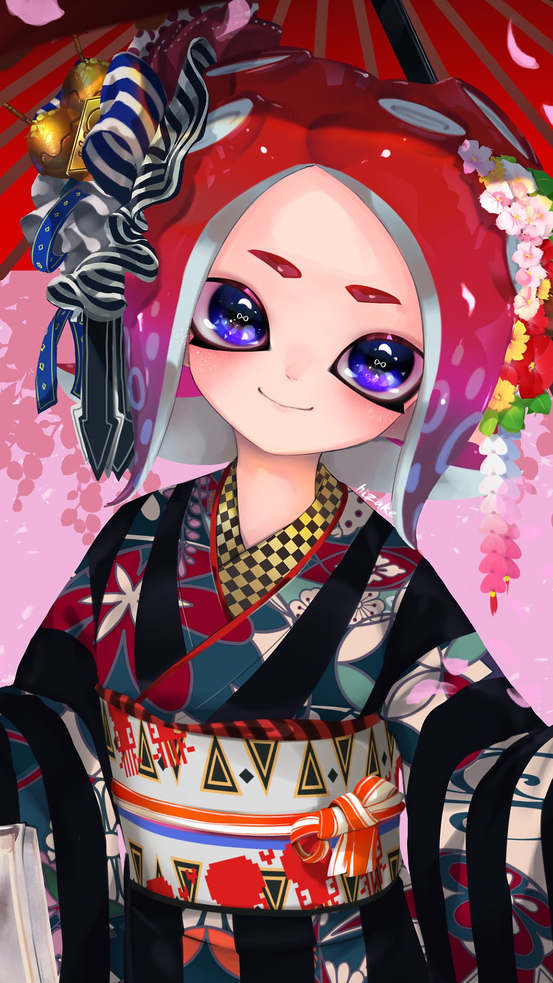 1girl agent_8 black_kimono blue_ribbon cephalopod_eyes closed_mouth floral_print flower hair_flower hair_ornament hair_ribbon head_tilt highres japanese_clothes kanzashi kashu_(hizake) kimono leaf long_sleeves looking_at_viewer monster_girl obi octarian octoling parasol pink_background print_kimono print_obi red_flower red_umbrella redhead ribbon sash short_eyebrows short_hair silhouette smile solo splatoon splatoon_2 splatoon_2:_octo_expansion striped striped_ribbon suction_cups tentacle_hair thick_eyebrows umbrella upper_body violet_eyes white_flower yellow_flower