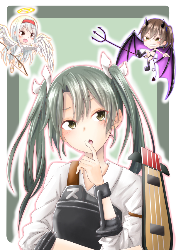 3girls angel angel_and_devil angel_wings artist_request bat_wings demon demon_girl demon_horns demon_tail demon_wings feathered_wings flight_deck hair_ribbon halo horns japanese_clothes kaga_(kantai_collection) kantai_collection multiple_girls muneate ribbon shoukaku_(kantai_collection) side_ponytail tail twintails white_ribbon white_wings wings zuikaku_(kantai_collection)