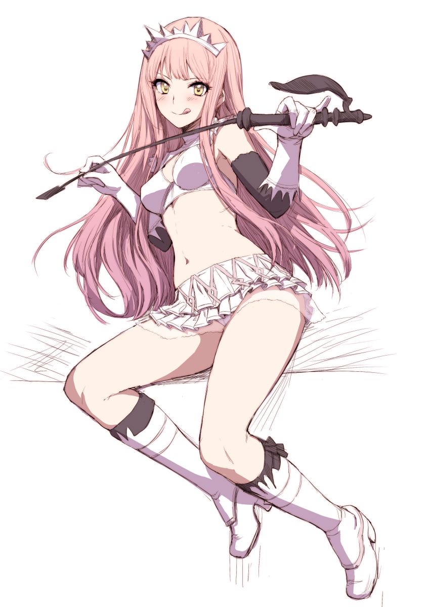 1girl angelo_(gomahangetsu) bangs bare_shoulders blunt_bangs breasts cleavage_cutout crop_top crown elbow_gloves fate/grand_order fate_(series) full_body gloves high_heels highres holding_whip licking_lips long_hair looking_at_viewer medb_(fate/grand_order) medium_breasts miniskirt pink_hair riding_crop skirt sleeveless thighs tiara tongue tongue_out whip white_gloves white_skirt yellow_eyes