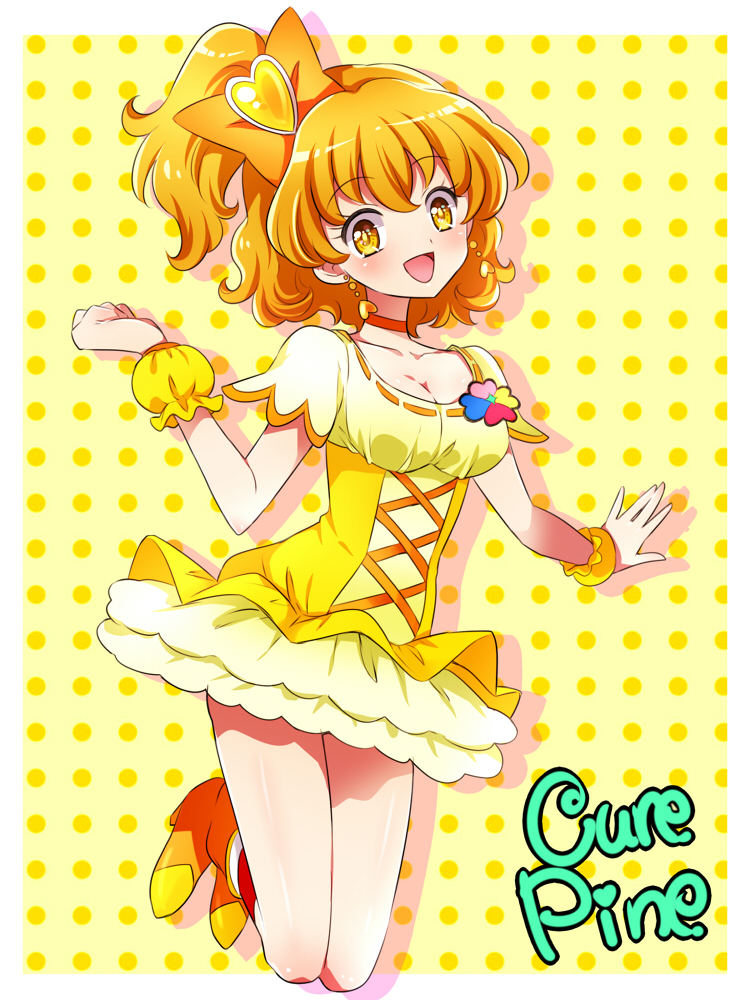 1girl :d bangs boots bow breasts character_name choker cleavage commentary_request cure_pine dress earrings eyebrows_visible_through_hair fresh_precure! hair_bow hair_ornament heart heart_earrings heart_hair_ornament high_heel_boots high_heels high_ponytail jewelry jumping kagami_chihiro looking_at_viewer magical_girl medium_breasts open_mouth orange_choker orange_hair partial_commentary polka_dot polka_dot_background precure shiny shiny_hair shiny_skin short_dress short_hair short_sleeves side_ponytail smile solo two-tone_background wrist_cuffs yamabuki_inori yellow_background