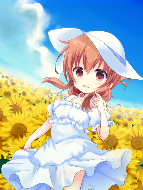 1girl blue_sky brown_eyes brown_hair choker clouds collarbone commentary_request day dress field flower flower_field folded_ponytail hat inazuma_(kantai_collection) kantai_collection kashiwadokoro long_hair open_mouth outdoors sky smile solo spaghetti_strap sun_hat sundress sunflower white_dress white_hat
