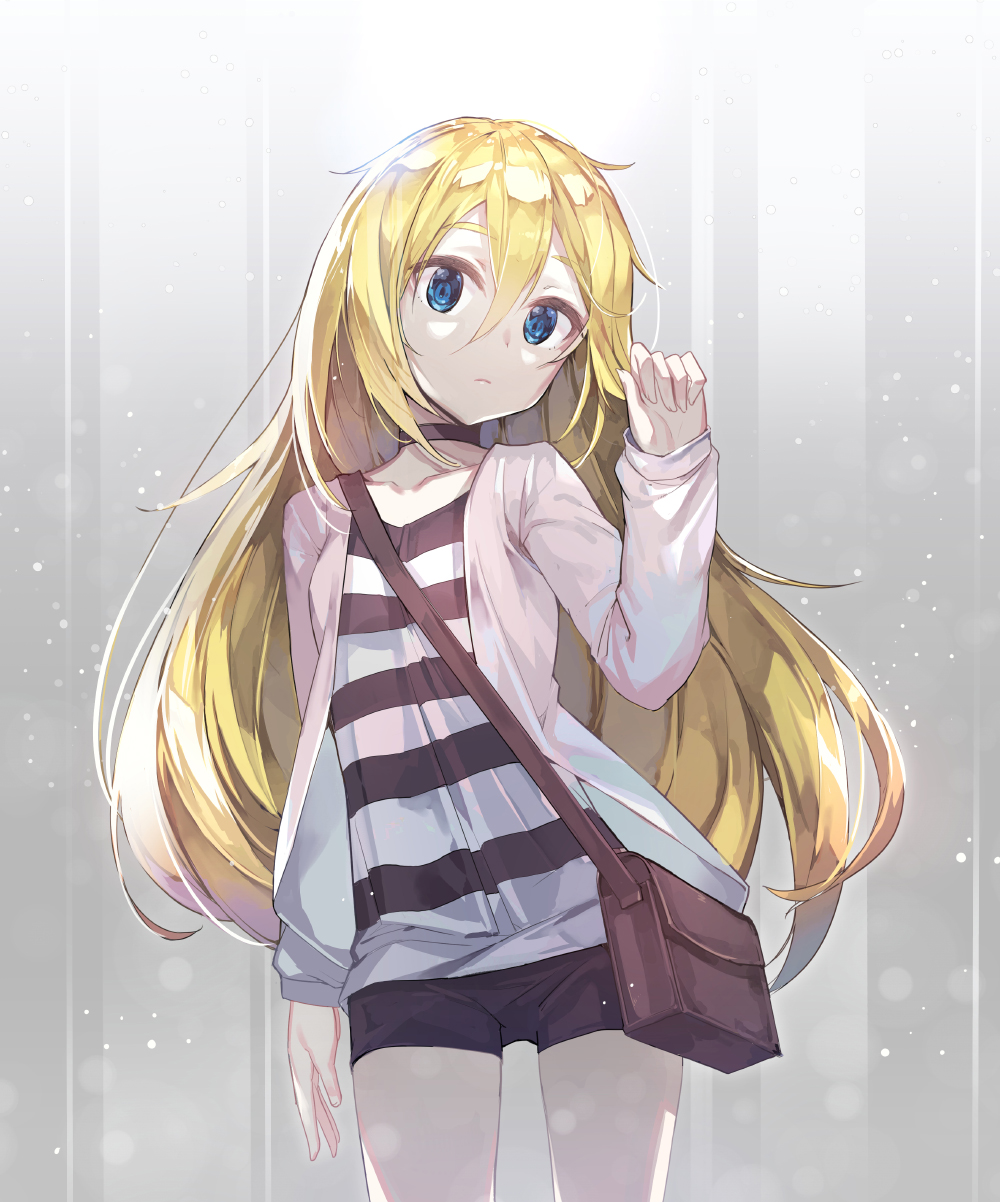 1girl bag bangs black_shorts blonde_hair blue_eyes closed_mouth collarbone commentary_request cowboy_shot eyebrows_visible_through_hair fingernails hair_between_eyes head_tilt highres jacket long_hair long_sleeves looking_at_viewer newey open_clothes open_jacket rachel_gardner satsuriku_no_tenshi shirt short_shorts shorts shoulder_bag sleeves_past_wrists solo standing striped striped_shirt very_long_hair white_jacket