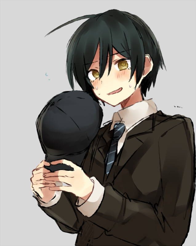 1boy ahoge black_hair dangan_ronpa eyelashes gakuran hat miyame necktie new_dangan_ronpa_v3 open_mouth saihara_shuuichi school_uniform short_hair simple_background smile solo yellow_eyes