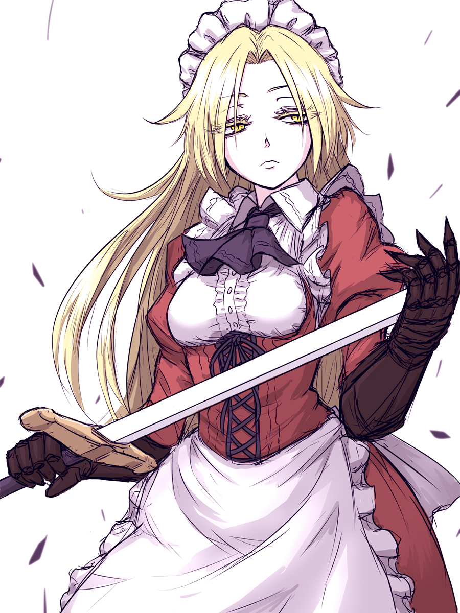 1girl apron ascot bangs blonde_hair breasts closed_mouth collared_shirt cropped_legs dress expressionless eyebrows_visible_through_hair eyes_visible_through_hair frills gloves highres holding holding_sword holding_weapon long_hair long_sleeves looking_away looking_to_the_side maid maid_apron maid_headdress miata_(miata8674) puffy_sleeves red_dress ribbon shirt simple_background slit_pupils solo standing sword touhou touhou_(pc-98) upper_body very_long_hair waist_apron weapon white_background white_shirt white_skin yellow_eyes yumeko