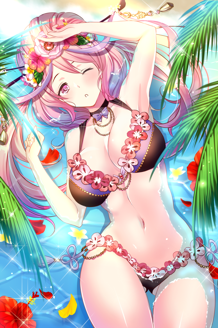 1girl arm_up armpits ass_visible_through_thighs bangs beach blush breasts choker chopsticks cleavage collarbone flower flower_bikini groin guki_(houchi_shoujo) hair_flower hair_ornament hair_up hairpin hand_up head_tilt hibiscus houchi_shoujo jewelry koyama_sao large_breasts long_hair looking_at_viewer lying navel necklace ocean on_back one_eye_closed open_mouth palm_leaf partially_submerged pink_hair sand sidelocks solo sparkle stomach swimsuit tassel thighs