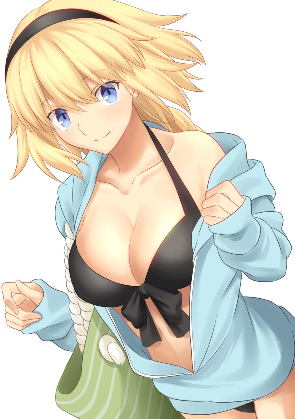 1girl artist_request bag bikini bikini_top black_bikini black_bikini_top black_hairband blonde_hair blue_eyes blue_jacket braid breasts cleavage closed_mouth collarbone commentary_request eyebrows_visible_through_hair fate/grand_order fate_(series) hair_ornament hairband highres hood hooded_jacket jacket jeanne_d'arc_(fate) jeanne_d'arc_(fate)_(all) large_breasts long_hair looking_at_viewer open_clothes open_jacket simple_background single_braid smile solo swimsuit white_background