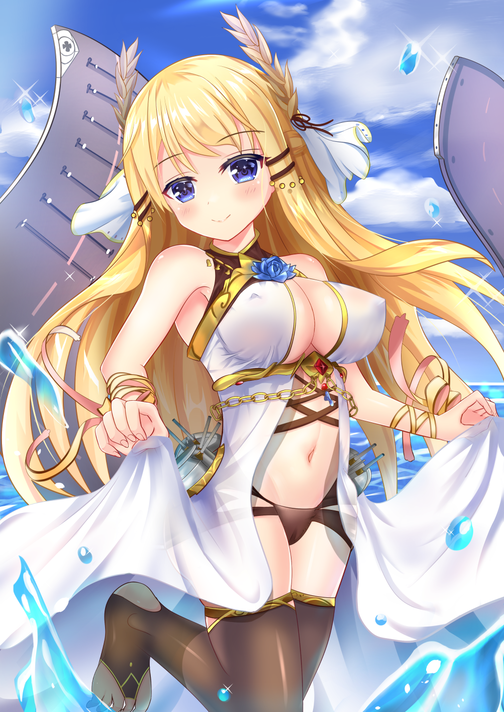 1girl armpits azur_lane bangs bare_shoulders barefoot black_legwear black_panties blonde_hair blue_eyes blush breasts cannon cleavage closed_mouth clouds commentary_request covered_nipples day dress dress_lift eyebrows_visible_through_hair eyelashes fingernails flight_deck floating_hair flower_ornament groin hair_ornament hair_ribbon head_tilt highleg highleg_panties highres large_breasts laurel_crown leg_up lifted_by_self looking_at_viewer md5_mismatch navel no_bra no_shoes ocean outdoors panties revision ribbon rigging ruby_(stone) skindentation skirt_hold sky sleeveless sleeveless_dress smile solo splashing ss851251 standing standing_on_liquid standing_on_one_leg stomach thigh-highs thighs toeless_legwear turret underwear veil victorious_(azur_lane) water_drop wrist_ribbon yellow_ribbon