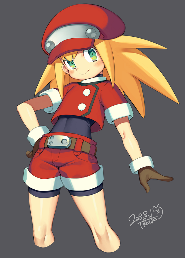 1girl belt bike_shorts bike_shorts_under_shorts black_shirt blonde_hair brown_gloves commentary_request cropped_jacket gloves green_eyes hand_on_hip hat iroyopon jacket long_hair red_hat red_jacket red_shorts rockman rockman_dash roll_caskett shirt short_shorts shorts smile solo