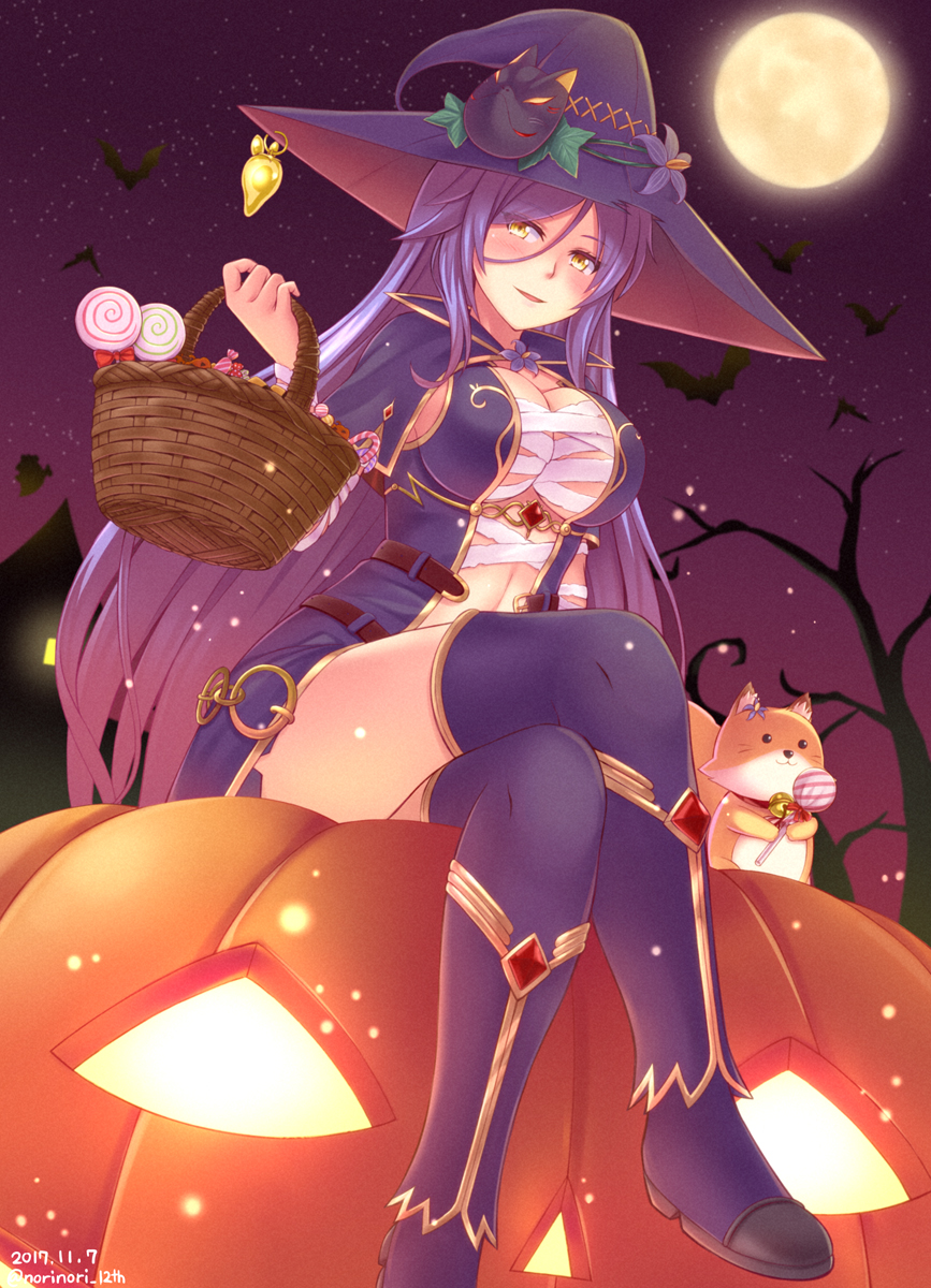 1girl basket bat blush breasts commentary_request eyebrows_visible_through_hair flower flower_knight_girl hat highres holding holding_basket jack-o'-lantern legs_crossed light_bulb long_hair looking_at_viewer moon night norinori_12th open_mouth outdoors purple_hair purple_legwear sitting solo star star_(sky) thigh-highs tree very_long_hair