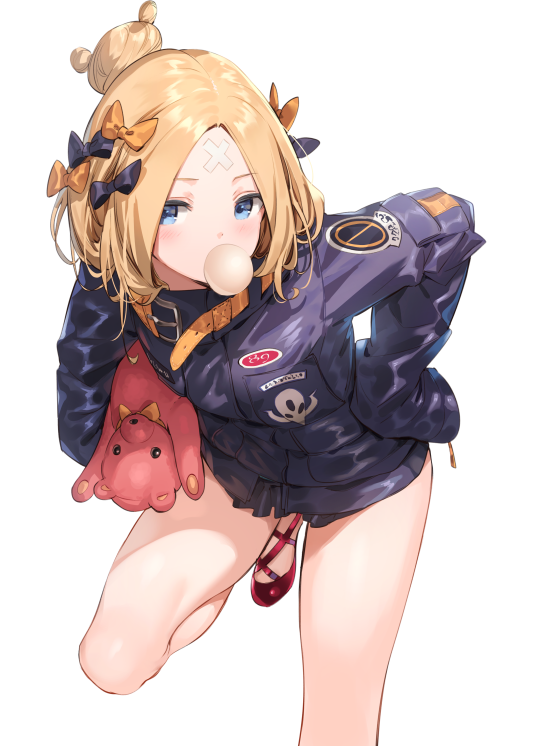 1girl abigail_williams_(fate/grand_order) alternate_hairstyle bandaid_on_forehead bangs belt black_bow black_jacket blonde_hair blue_eyes blush bow bubble_blowing chewing_gum commentary_request fate/grand_order fate_(series) forehead hair_bow hair_bun high_collar hips holding holding_stuffed_animal jacket leaning_forward long_hair looking_at_viewer orange_bow parted_bangs paseri polka_dot polka_dot_bow red_footwear simple_background sleeves_past_fingers sleeves_past_wrists solo stuffed_animal stuffed_toy teddy_bear thighs white_background