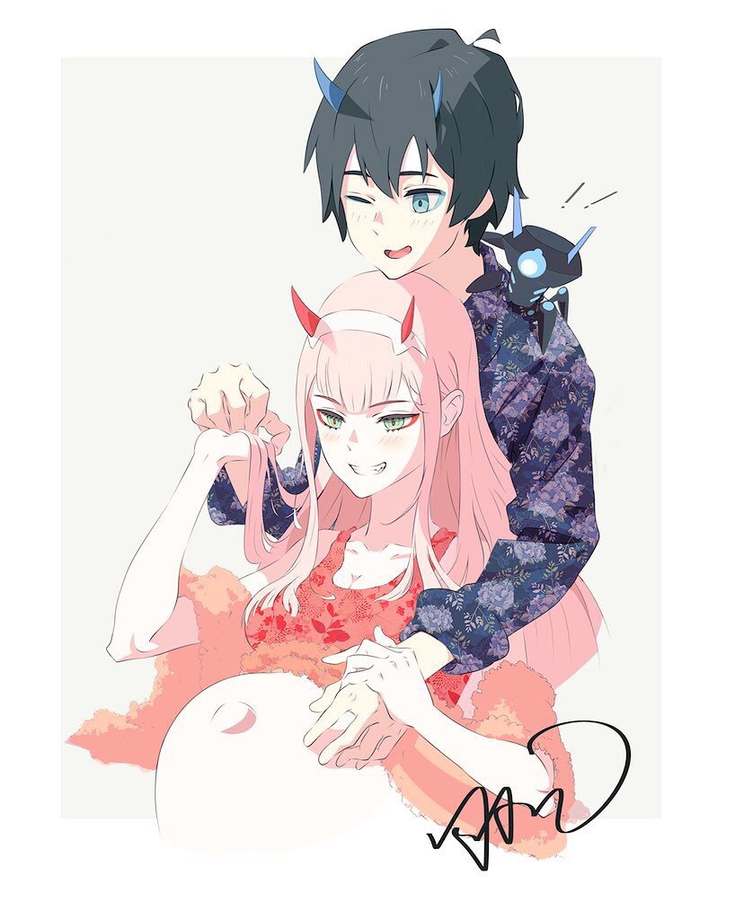 1boy 1girl bangs bare_shoulders black_hair blue_eyes blue_horns blush breasts cleavage collarbone commentary couple darling_in_the_franxx english fang floral_background fur_trim green_eyes hair_ornament hairband hand_holding hand_on_another's_arm hand_on_another's_stomach hawaiian_shirt hetero hiro_(darling_in_the_franxx) horns hug hug_from_behind long_hair long_sleeves medium_breasts navel one_eye_closed oni_horns orange_skirt pink_hair pregnant purple_shirt red_horns shirt short_hair signature skirt sleeveless sleeveless_shirt sleeves_rolled_up stomach white_hairband zero_two_(darling_in_the_franxx)