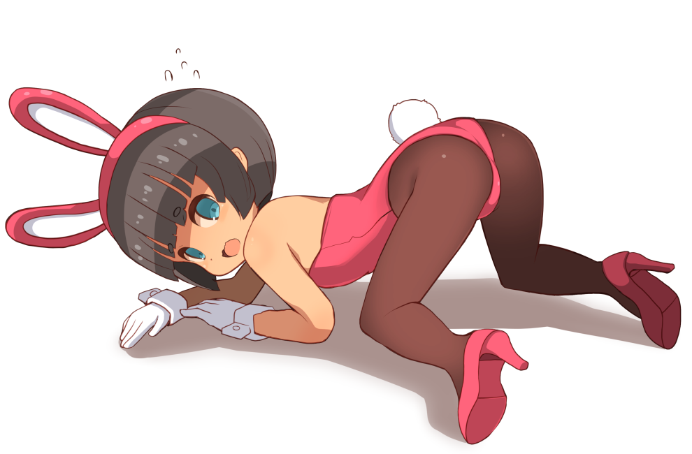 1girl animal_ears aqua_eyes bangs black_hair black_legwear blunt_bangs bunny_girl bunny_tail bunnysuit commentary_request fake_animal_ears fake_tail flying_sweatdrops full_body garoudo_(kadouhan'i) gloves hairband high_heels leotard looking_at_viewer open_mouth original pantyhose pink_footwear pink_hairband pink_leotard rabbit_ears short_eyebrows short_hair simple_background solo tail thick_eyebrows top-down_bottom-up white_background white_gloves