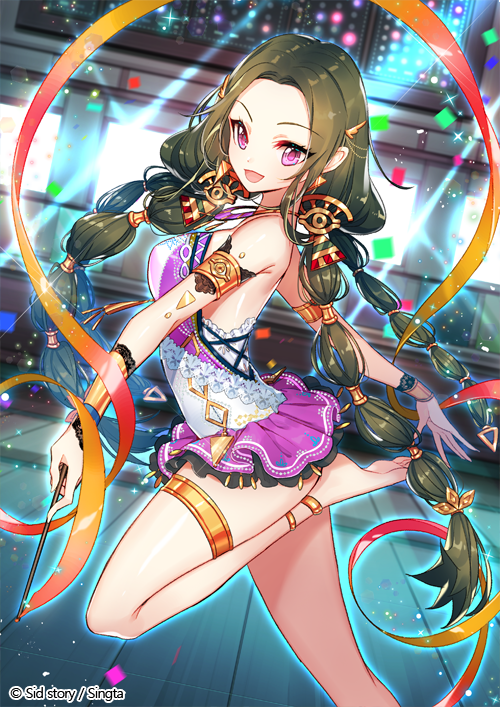 1girl :d armlet barefoot braid brown_hair color_guard company_name confetti dutch_angle hair_ornament indoors interitio leotard long_hair looking_at_viewer official_art open_mouth orange_ribbon pink_leotard ribbon sid_story smile standing standing_on_one_leg twintails very_long_hair violet_eyes white_leotard