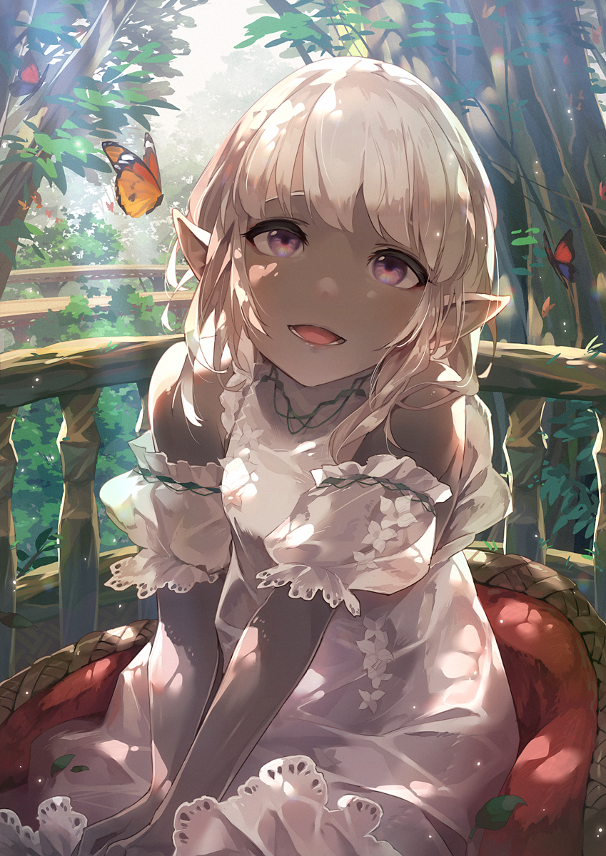 1girl bangs bare_shoulders bug butterfly commentary_request dappled_sunlight dark_elf dark_skin day detached_sleeves dress elf hands_together highres insect leaf looking_at_viewer narumi_arata open_mouth original outdoors pointy_ears puffy_short_sleeves puffy_sleeves railing short_sleeves sitting smile solo sunlight tree violet_eyes white_dress white_hair