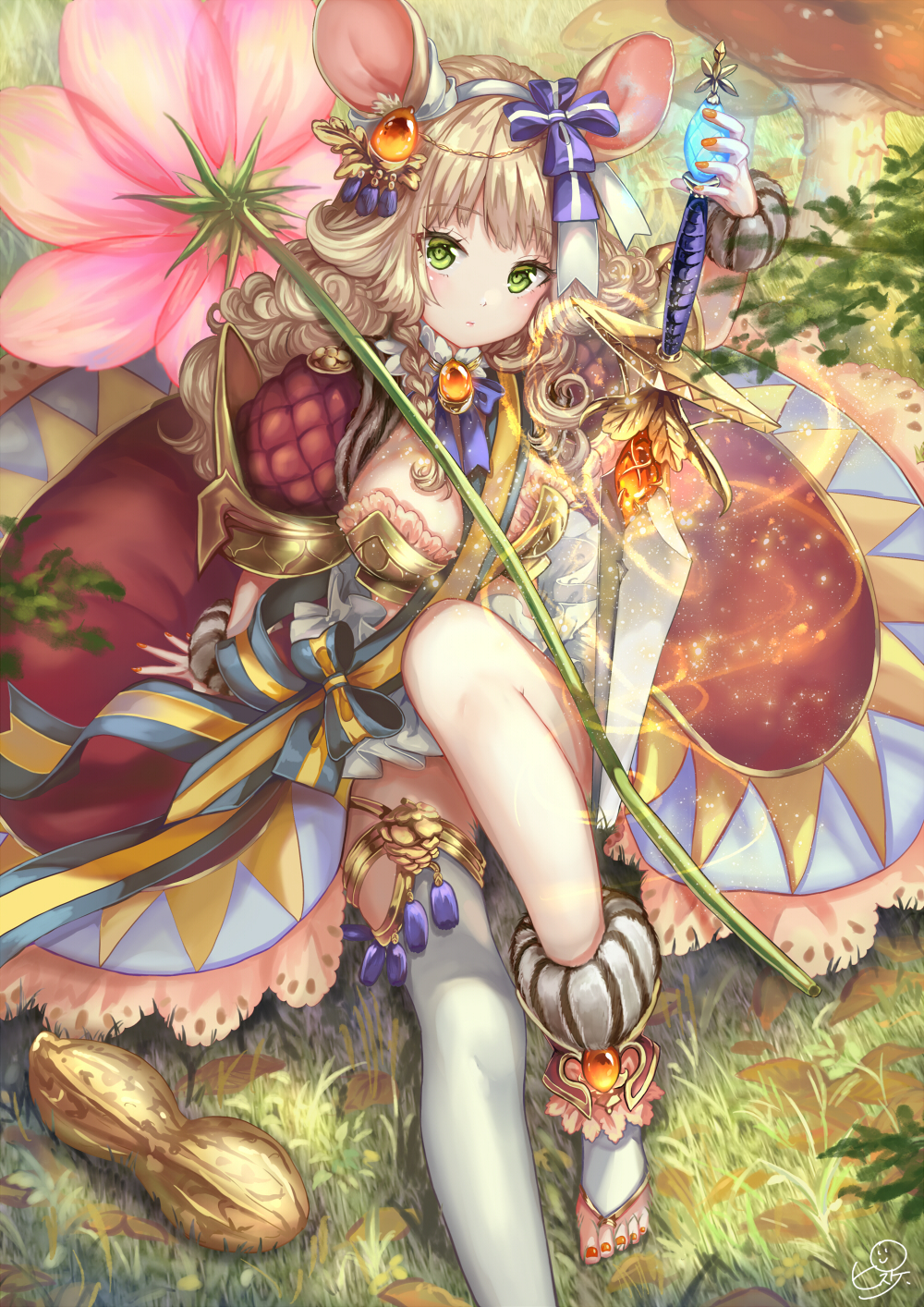 1girl animal_ears bangs blonde_hair breasts commentary_request eyebrows_visible_through_hair flower grass green_eyes hair_ornament hair_ribbon hairband highres holding holding_sword holding_weapon looking_at_viewer original outdoors pisuke ribbon sandals short_hair solo sun sword weapon