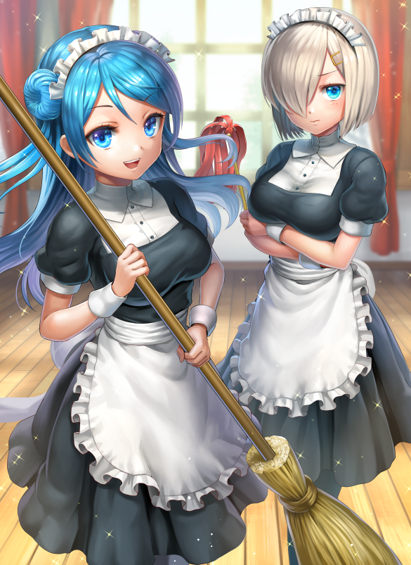 2girls alternate_costume apron black_dress black_legwear blue_eyes blue_hair breasts broom cleaning crossed_arms day double_bun dress duster enmaided eyes_visible_through_hair hair_ornament hair_over_one_eye hairclip hamakaze_(kantai_collection) indoors kantai_collection large_breasts light_particles long_hair looking_at_viewer maid maid_apron maid_headdress multiple_girls open_mouth pantyhose puffy_short_sleeves puffy_sleeves short_hair short_sleeves silver_hair smile to_nasu urakaze_(kantai_collection) waist_apron window wooden_floor wrist_cuffs