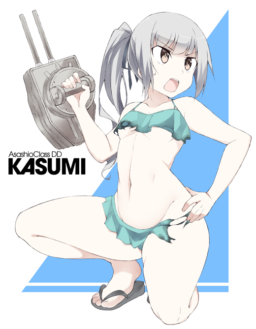 1girl bikini bikini_skirt blue_background brown_eyes cannon character_name frilled_bikini frills green_bikini grey_hair hand_on_hip kantai_collection kasumi_(kantai_collection) long_hair looking_to_the_side open_clothes open_mouth open_shirt pleated_skirt sandals side_ponytail skirt solo souji squatting swimsuit torn_clothes turret two-tone_background white_background