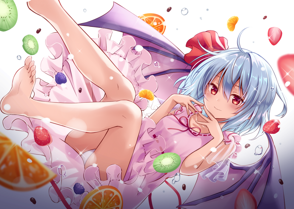 1girl alternate_costume ass bare_legs barefoot bat_wings blue_hair breasts collarbone commentary_request dress eyebrows_visible_through_hair feet_out_of_frame food fruit hair_between_eyes hands_up kiwi_slice kure~pu legs_up looking_at_viewer no_hat no_headwear orange orange_slice panties pantyshot pink_dress red_eyes red_ribbon remilia_scarlet ribbon ribbon_trim see-through_sleeves short_hair simple_background small_breasts smile solo sparkle strawberry thighs touhou underwear white_background white_panties wings