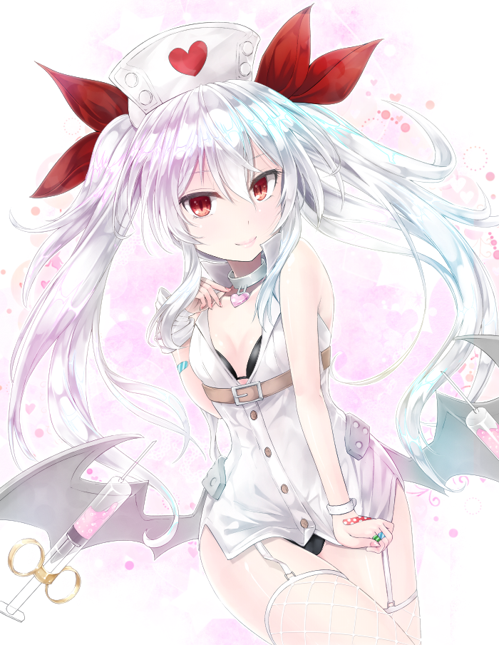 1girl azur_lane bandaid bandaid_on_finger bangs bare_arms bare_shoulders bat_wings belt bikini bikini_under_clothes black_bikini breasts cleavage collar commentary_request cowboy_shot fishnet_legwear fishnets garter_straps hair_between_eyes hair_ribbon hand_up hat heart long_hair looking_at_viewer nail_polish nurse nurse_cap pink_background pink_lips pink_nails red_eyes red_ribbon ribbon shiny shiny_skin shirt sidelocks silver_hair sleeveless sleeveless_shirt small_breasts smile solo swimsuit syringe thigh-highs thighs twintails two-tone_background underwear vampire_(azur_lane) white_background white_collar white_shirt wings y2