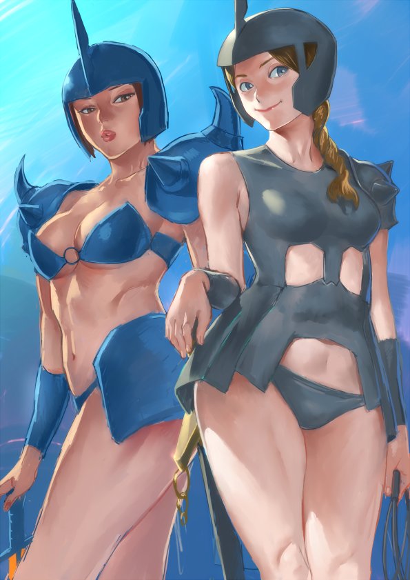 2girls armor bikini_armor blue_dress blue_sky braid brown_eyes brown_hair closed_mouth dress gouf gundam helmet lips mana30row midriff mobile_suit_gundam multiple_girls origami pauldrons puckered_lips red_lips revealing_clothes sky smile sword thighs weapon zaku zaku_ii