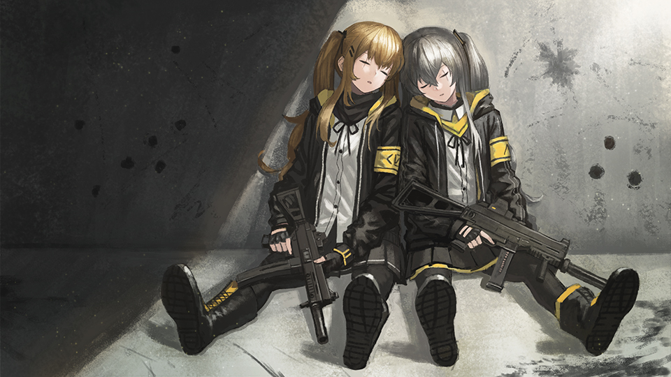 2girls :o armband boots brown_hair closed_eyes fingerless_gloves girls_frontline gloves gun hood hoodie jacket miniskirt multiple_girls pantyhose pleated_skirt shirt siblings side_ponytail silver_hair sisters skirt submachine_gun trigger_discipline twins twintails ump45_(girls_frontline) ump9_(girls_frontline) wasabi60 weapon