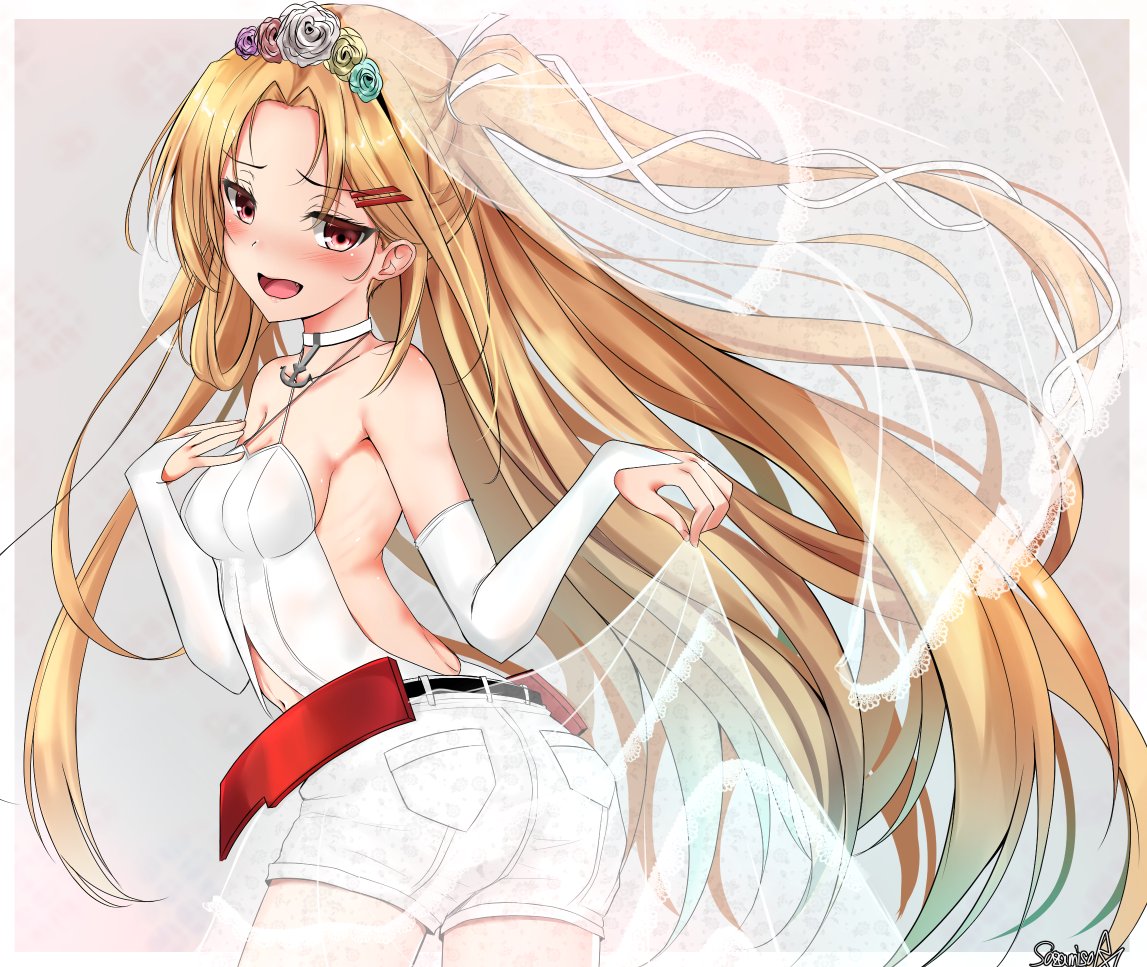1girl azur_lane backless_dress backless_outfit bangs belt blonde_hair blush breasts bridal_gauntlets bridal_veil cleveland_(azur_lane) dress embarrassed eyebrows_visible_through_hair floating_hair flower from_behind gloves hair_between_eyes hair_flower hair_ornament hairclip long_hair looking_at_viewer one_side_up open_mouth parted_bangs pocket red_eyes ribbon sazamiso_rx see-through shorts sidelocks signature small_breasts smile solo tsurime twisted_torso veil very_long_hair wedding_dress white_gloves white_ribbon white_shorts