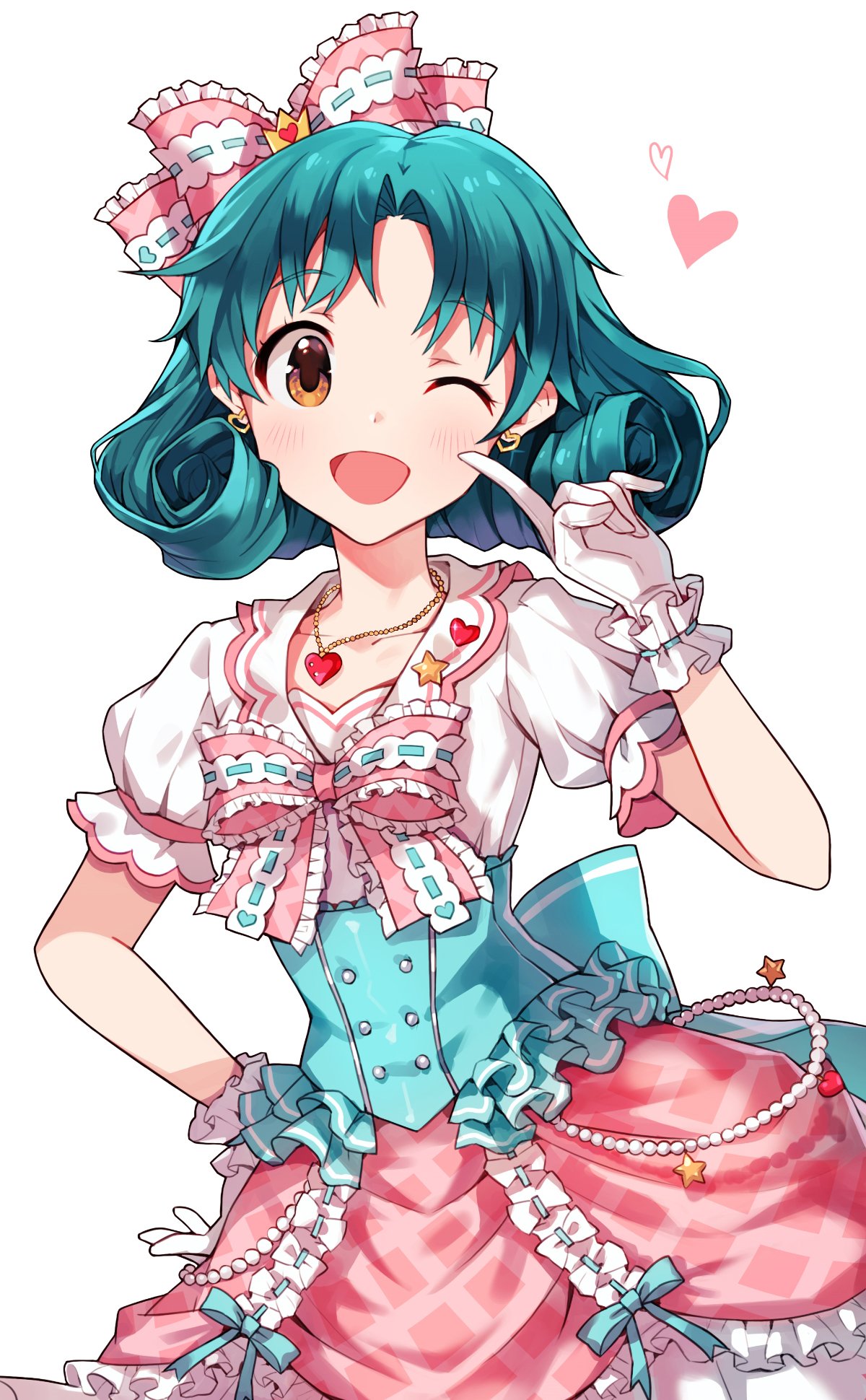 1girl ;d aqua_hair bow commentary_request corset crown_hair_ornament earrings eyebrows_visible_through_hair gloves hair_bow hand_on_hip heart heart_earrings heart_pendant highres idol idolmaster idolmaster_million_live! jewelry korean_commentary one_eye_closed open_mouth pinkiepies2 pointing pointing_at_self puffy_sleeves sailor_collar short_sleeves simple_background smile solo tokugawa_matsuri upper_body white_background white_gloves yellow_eyes
