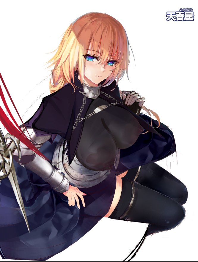1girl armor armored_dress blonde_hair blue_eyes braid breastplate breasts capelet chains covered_nipples eyebrows_visible_through_hair fate/apocrypha fate/grand_order fate_(series) gauntlets headpiece jeanne_d'arc_(fate) jeanne_d'arc_(fate)_(all) large_breasts long_braid long_hair looking_at_viewer misako12003 single_braid sitting smile thigh-highs
