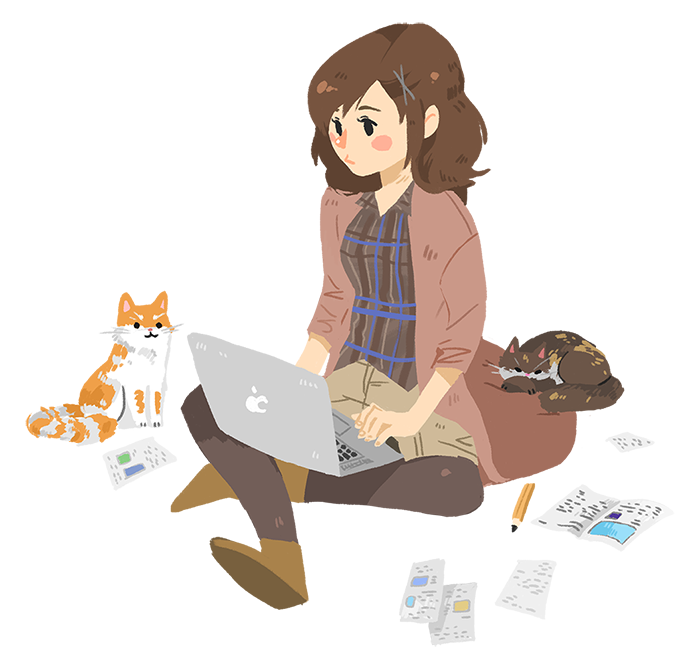 1girl :3 apple_logo black_eyes blush brown_footwear brown_hair brown_legwear brown_shirt cat collared_shirt commentary english_commentary full_body hair_ornament indian_style jacket looking_at_screen macbook mulitple_cats orange_cat original pantyhose paper pencil pink_jacket self-portrait shirt shoes simple_background sitting sleeping_animal solo sooyun_choi transparent_background using_computer x_hair_ornament