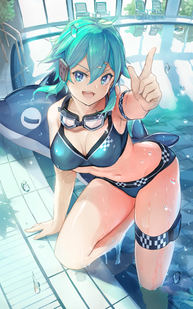1girl aqua_eyes aqua_hair bikini blue_bikini breasts chair cleavage feet_out_of_frame hair_ornament hairclip indoors inflatable_dolphin inflatable_toy looking_at_viewer lounge_chair medium_breasts nisimy open_mouth pool pool_ladder shinon_(sao) short_hair solo swimsuit sword_art_online thigh_strap window