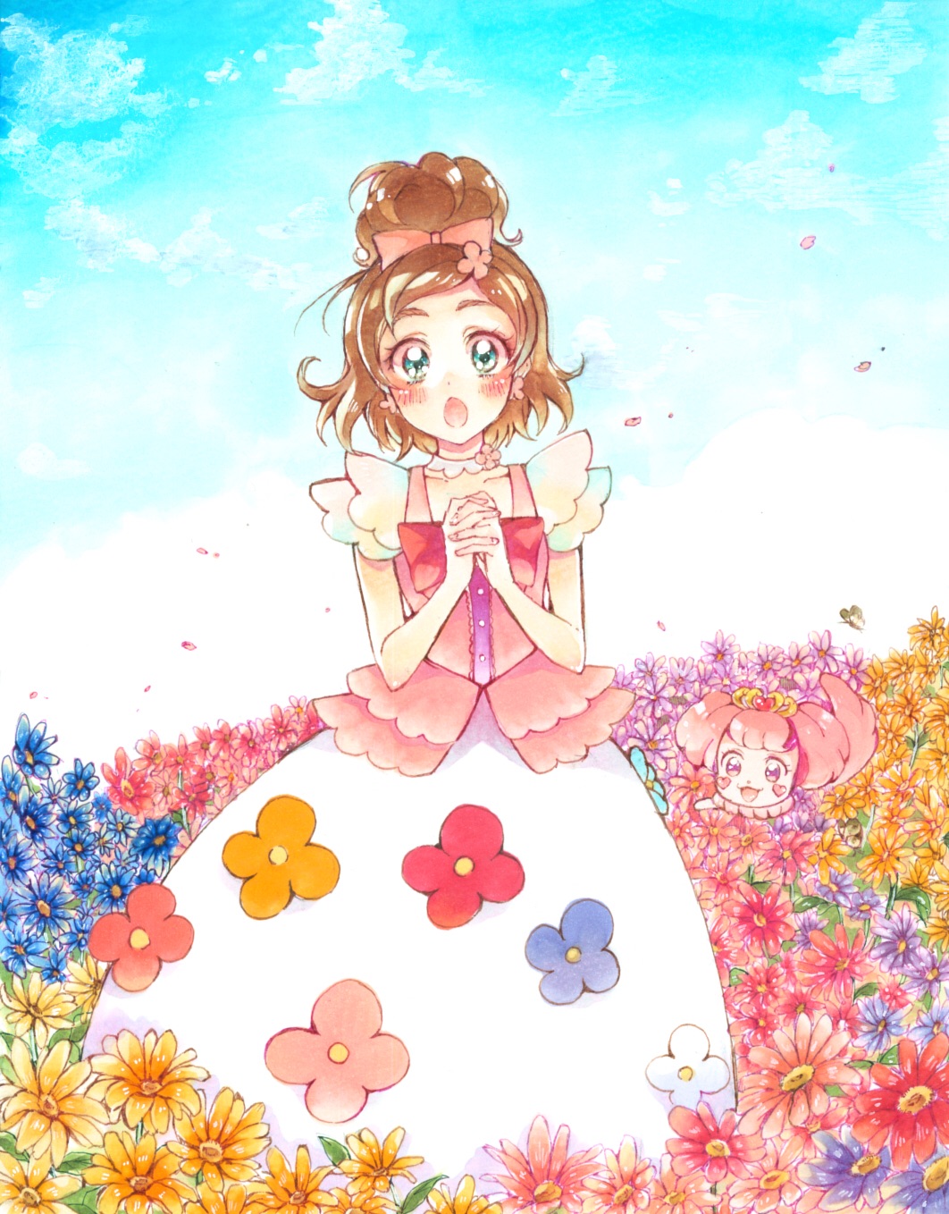 1girl :d :o aqua_eyes blush bow brown_hair bug butterfly choker clouds cloudy_sky commentary dress earrings field flower flower_earrings flower_field flower_request go!_princess_precure hair_bow hair_flower hair_ornament haruno_haruka heart highres insect interlocked_fingers jewelry long_dress looking_at_viewer marker_(medium) mikan_(mikataaaa) open_mouth outdoors own_hands_together petals precure puff_(go!_princess_precure) short_hair sky smile thick_eyebrows traditional_media violet_eyes