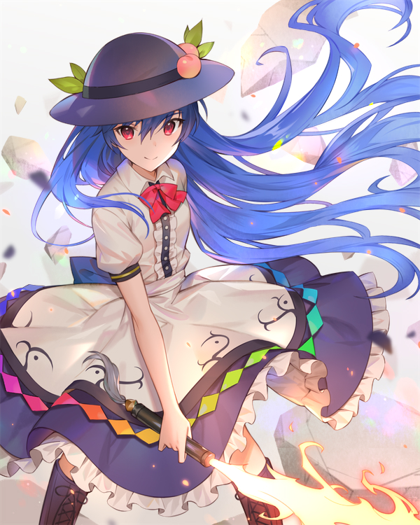 1girl bangs black_hat blouse blue_hair blue_skirt boots bow bowtie brown_footwear center_frills commentary_request cross-laced_footwear embers eyebrows_visible_through_hair feet_out_of_frame flaming_sword floating_hair food fruit gradient gradient_background grey_background hair_between_eyes hat hinanawi_tenshi holding holding_sword holding_weapon lace-up_boots lazuri7 leaf long_hair looking_at_viewer peach petticoat puffy_short_sleeves puffy_sleeves red_bow red_eyes red_neckwear rock short_sleeves skirt smile solo standing sword sword_of_hisou touhou very_long_hair weapon white_blouse wind wing_collar