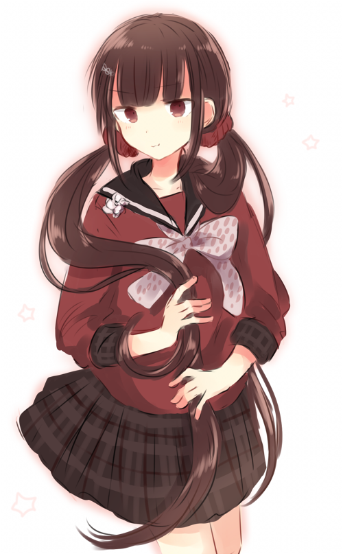 1girl bangs blunt_bangs brown_hair dangan_ronpa hair_ornament hand_in_hair harukawa_maki long_hair looking_at_viewer low_twintails miyame new_dangan_ronpa_v3 plaid plaid_skirt pleated_skirt red_eyes red_scrunchie school_uniform scrunchie serafuku shirt simple_background skirt solo twintails very_long_hair