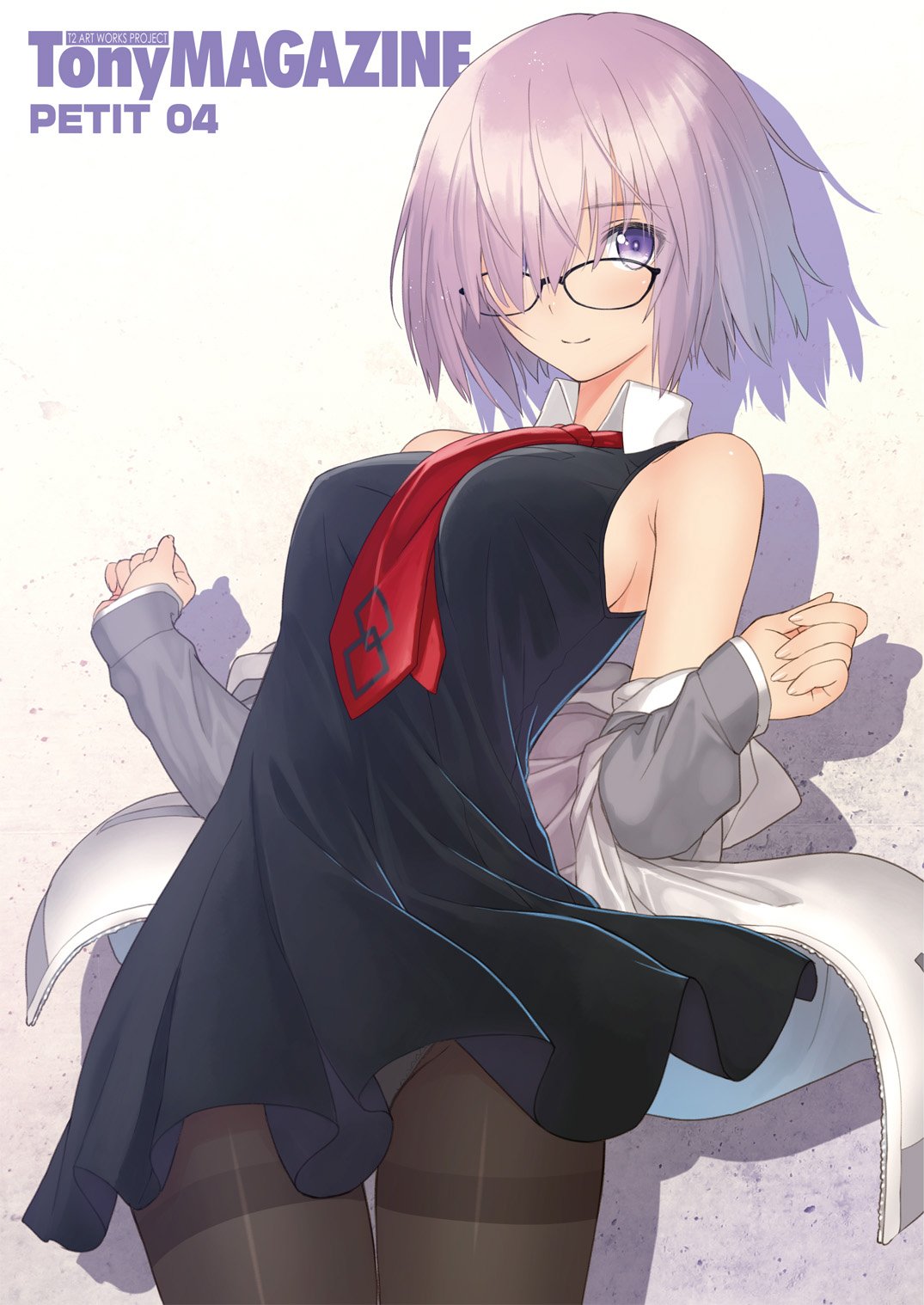 1girl between_breasts black-framed_eyewear black_dress breasts cowboy_shot dress fate/grand_order fate_(series) glasses hair_over_one_eye highres mash_kyrielight medium_breasts necktie necktie_between_breasts off_shoulder panties panties_under_pantyhose pantyhose purple_hair short_dress sleeveless sleeveless_dress smile solo tanaka_takayuki thighband_pantyhose underwear violet_eyes