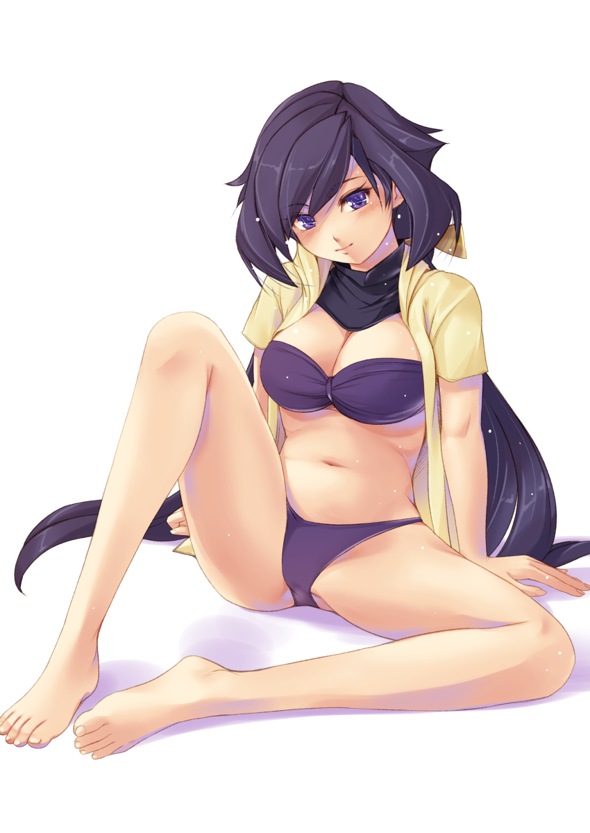 1girl ayame_(gundam_build_divers) bandeau bikini blush breasts cleavage eyebrows_visible_through_hair gundam gundam_build_divers highres jacket jacket_over_swimsuit kirishima_satoshi long_hair looking_at_viewer low_twintails medium_breasts navel purple_bikini short_sleeves simple_background sitting smile solo spread_legs swimsuit twintails very_long_hair violet_eyes wet white_background
