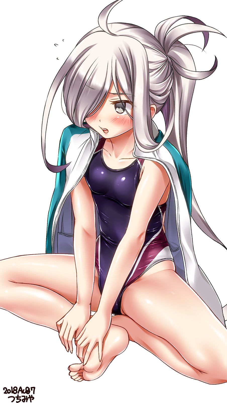 1girl asashimo_(kantai_collection) barefoot black_swimsuit blush collarbone competition_swimsuit dated eyebrows_visible_through_hair feet flat_chest grey_eyes grey_hair hair_over_one_eye highres indian_style jacket kantai_collection long_hair one-piece_swimsuit open_mouth ponytail sharp_teeth silver_hair simple_background sitting soles solo swimsuit teeth toes tsuchimiya white_background