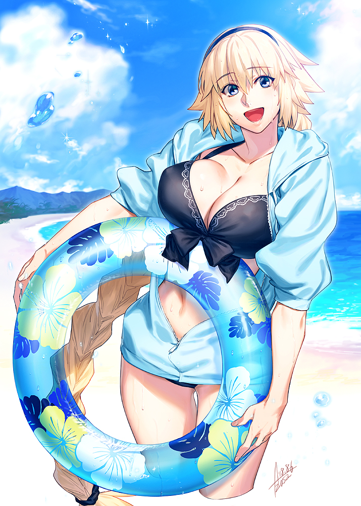 1girl azusa_(hws) bangs beach bikini black_bikini black_hairband black_scrunchie blonde_hair blue_eyes blue_innertube blue_jacket braid breasts cleavage commentary_request contemporary eyebrows_visible_through_hair fate/grand_order fate_(series) front-tie_bikini front-tie_top hair_between_eyes hair_ornament hair_scrunchie hairband hand_up hood hood_down hooded_jacket hoodie innertube jacket jeanne_d'arc_(fate) jeanne_d'arc_(fate)_(all) long_braid long_hair long_sleeves looking_at_viewer medium_breasts mountain navel ocean open_mouth scrunchie sidelocks signature single_braid sleeves_pushed_up smile solo swimsuit thighs transparent very_long_hair