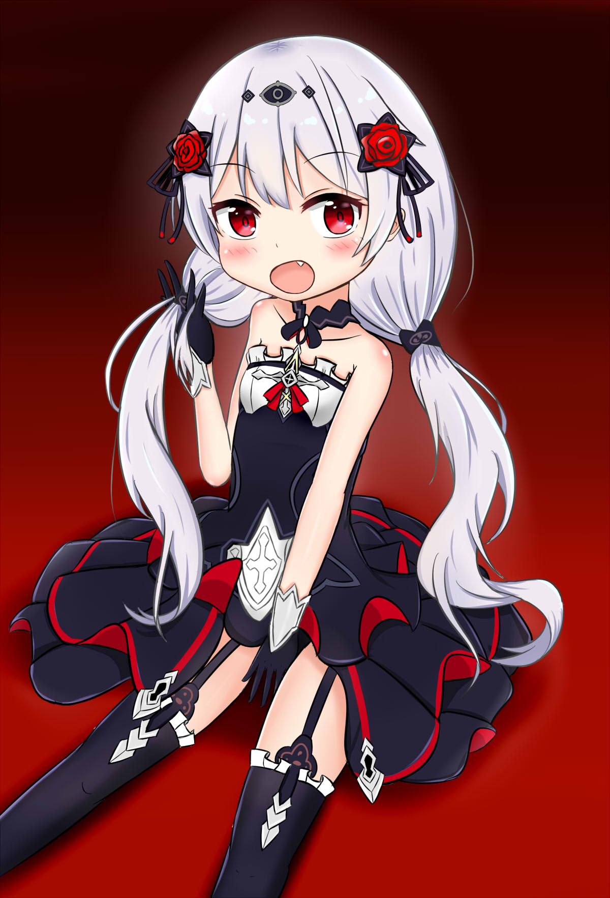 1girl :d bangs bare_shoulders benghuai_xueyuan black_dress black_gloves black_legwear black_ribbon blush collarbone commentary_request dress eyebrows_visible_through_hair fang flower garter_straps gloves gradient gradient_background hair_flower hair_ornament hair_ribbon hand_in_hair hand_up highres honkai_impact jiu_(sdesd3205) long_hair looking_at_viewer low_twintails open_mouth red_background red_eyes red_flower red_rose ribbon rose silver_hair smile solo strapless strapless_dress theresa_apocalypse thigh-highs twintails very_long_hair