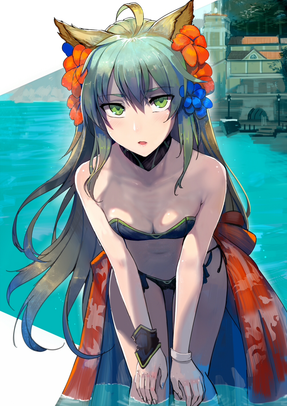 1girl ahoge alternate_costume animal_ears atalanta_(fate) bare_shoulders bending_forward bikini blush bracelet breasts closed_mouth collarbone colored_eyelashes cowboy_shot day eyebrows_visible_through_hair fate_(series) flower hair_between_eyes hair_flower hair_ornament hibiscus highres jewelry large_breasts long_hair looking_at_viewer midriff multicolored_hair nail_polish navel ocean open_mouth outdoors partially_submerged purple_hair sarong side-tie_bikini small_breasts swimsuit thighs two-tone_hair walzrj water yellow_eyes