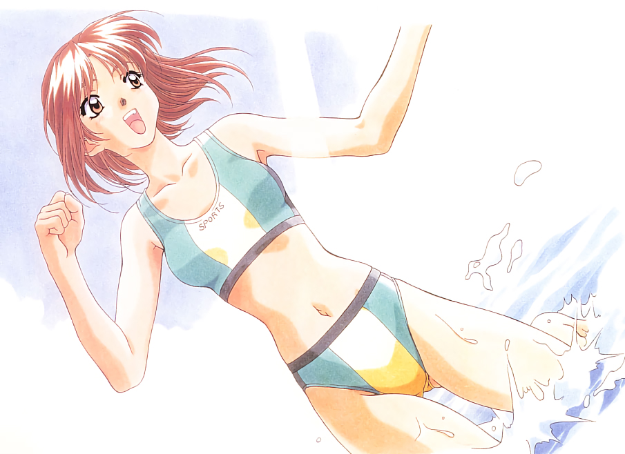 1girl artist_request ass_visible_through_thighs bikini clenched_hand clothes_writing collarbone day dutch_angle navel open_mouth orange_eyes outdoors redhead short_hair solo splashing swimsuit traditional_media upper_teeth wading water watercolor_(medium)