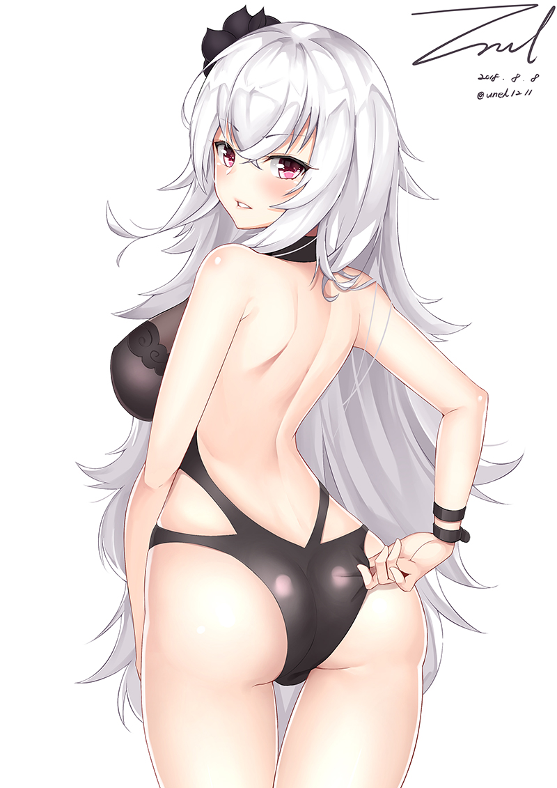 1girl adjusting_clothes adjusting_swimsuit ass azur_lane back bangs black_flower black_rose black_swimsuit breasts cleavage cowboy_shot dated eyebrows_visible_through_hair flower from_behind graf_zeppelin_(azur_lane) hair_between_eyes hair_flower hair_ornament large_breasts long_hair looking_at_viewer looking_back messy_hair one-piece_swimsuit parted_lips rose shoulder_blades sidelocks signature silver_hair simple_background skindentation solo swimsuit thighs twisted_torso twitter_username unel very_long_hair violet_eyes white_background wrist_straps