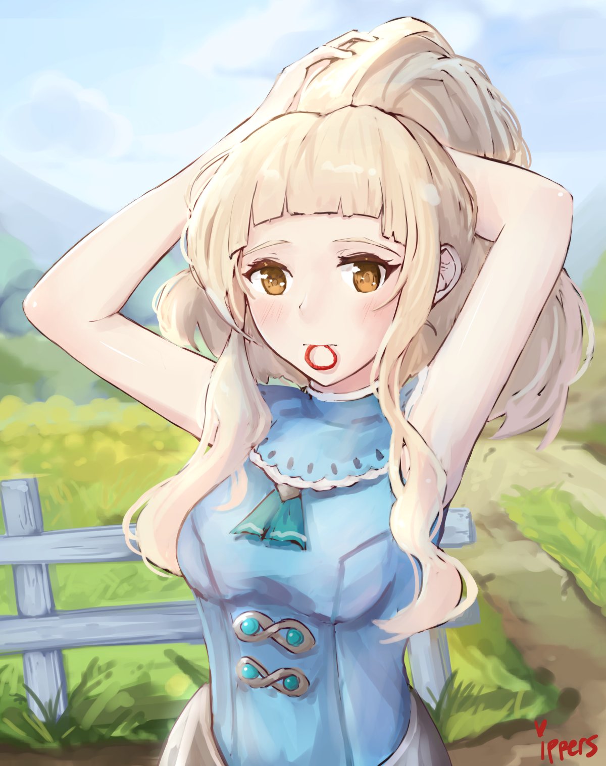 1girl arms_up artist_name blonde_hair blue_dress blue_sky brown_eyes clair_(fire_emblem) clouds day dress fence fire_emblem fire_emblem_echoes:_mou_hitori_no_eiyuuou highres ippers long_hair ponytail sky solo