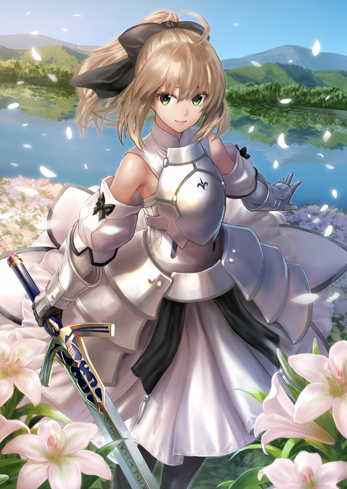1girl ahoge armor armored_dress artoria_pendragon_(all) blonde_hair bow breastplate caliburn day detached_sleeves fate_(series) faulds field flower flower_field gauntlets gloves green_eyes hair_bow holding holding_sword holding_weapon outdoors ponytail saber_lily sky smile solo standing sword takemori_shintarou weapon white_flower