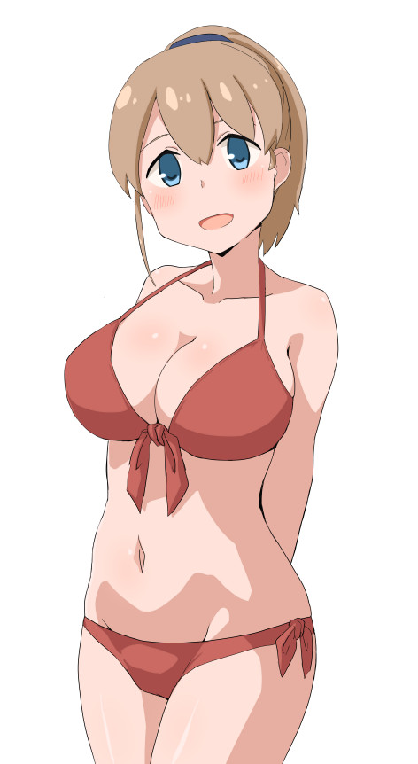 1girl arms_behind_back bikini blue_eyes breasts brown_hair cleavage collarbone cowboy_shot front-tie_top intrepid_(kantai_collection) junes kantai_collection large_breasts looking_at_viewer navel ponytail red_bikini short_hair side-tie_bikini simple_background solo swimsuit white_background